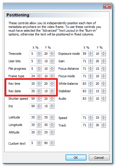 This page contains a set of controls for setting the position that the date and time stamp text will appear on the video frames.