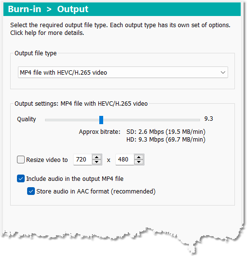 Output settings: MP4 file with HEVC/H.265 video